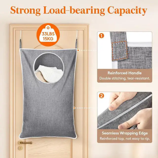 Alt view image 3 of 7 - Lifewit 1 Pack Over Door Laundry Hamper, Collapsible Hanging, Light Gray