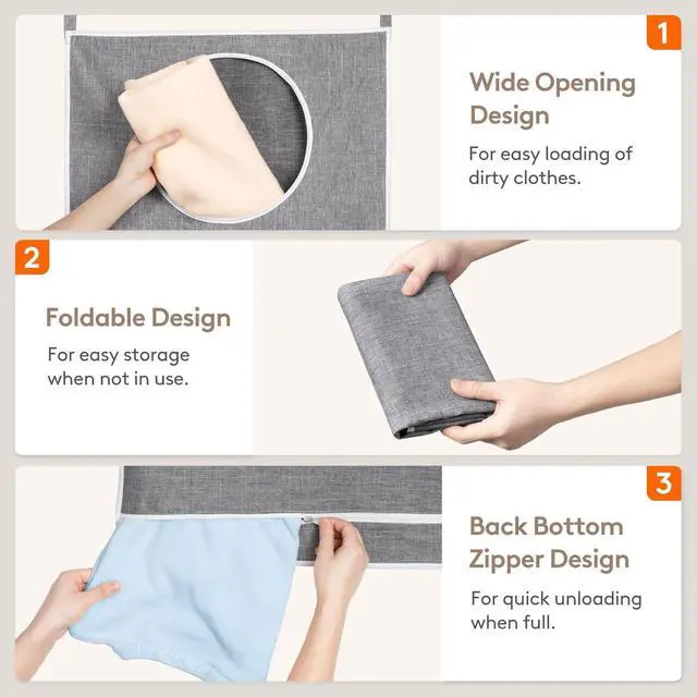 Alt view image 4 of 7 - Lifewit 1 Pack Over Door Laundry Hamper, Collapsible Hanging, Light Gray