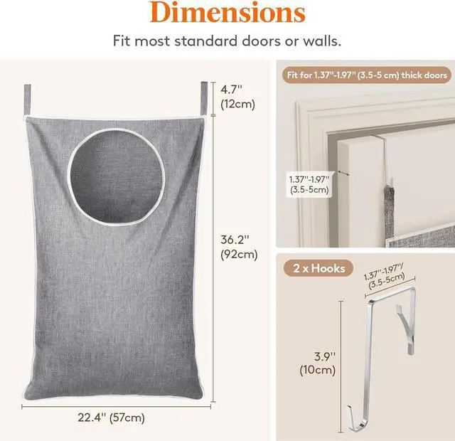 Alt view image 2 of 7 - Lifewit 1 Pack Over Door Laundry Hamper, Collapsible Hanging, Light Gray