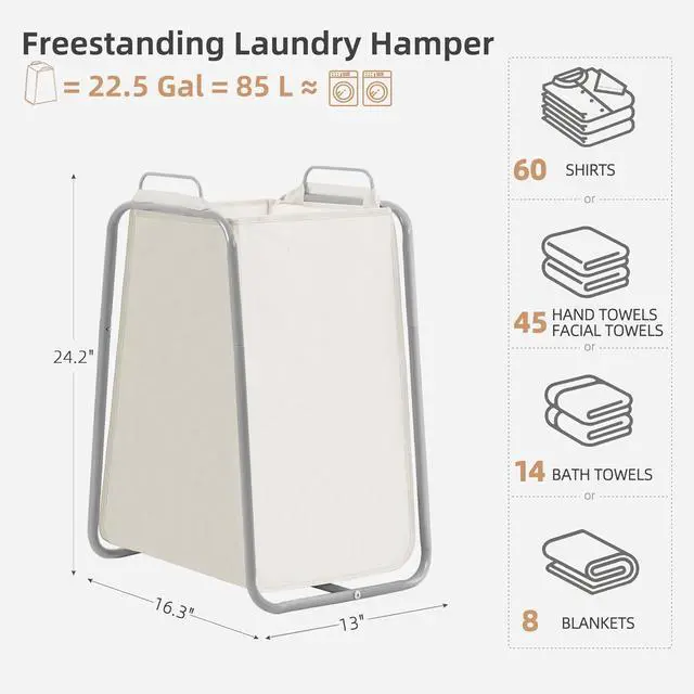 Alt view image 3 of 7 - STORAGE MANIAC Metal Rack Laundry Hamper, 85L Large Laundry Basket with Convenient Handle, Freestanding Dirty Clothes Hamper for for Dorm, College, Small Space, Closet, Bedroom, Beige