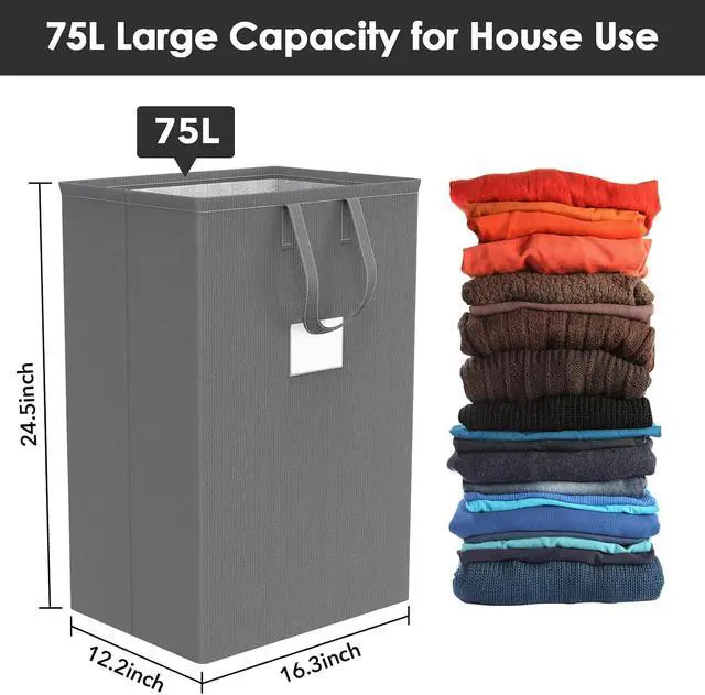 Alt view image 2 of 7 - 75L Large Laundry Hamper with Handles, Dirty Clothes Hamper for Bedroom Waterproof, Freestanding Tall Laundry Basket Waterproof, Hamper for Bedroom, Bathroom, Dorm, Toys Storage(Grey