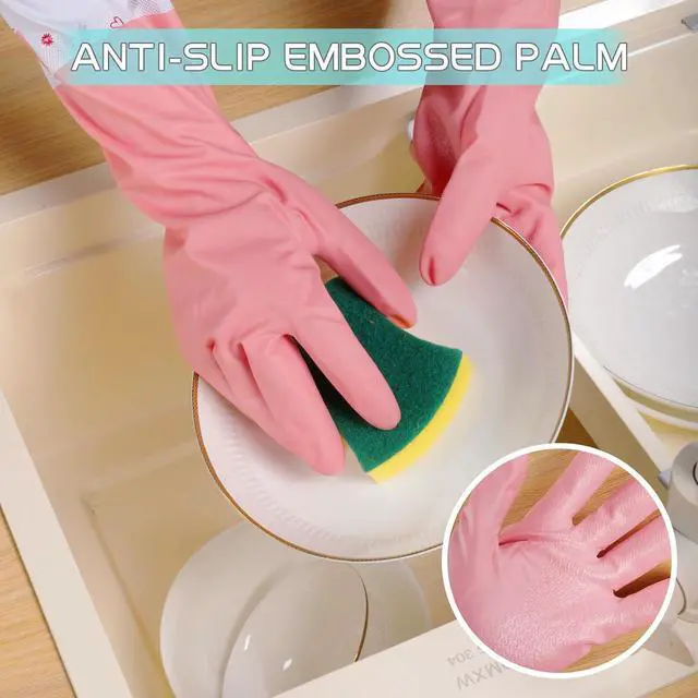 Alt view image 5 of 7 - XJMWXHFC 3Pcs Reusable Dishwashing Gloves, Waterproof Long Cuff Non-Slip Household Gloves With Cotton Lined For Laundry, Cleaning, Working, Gardening