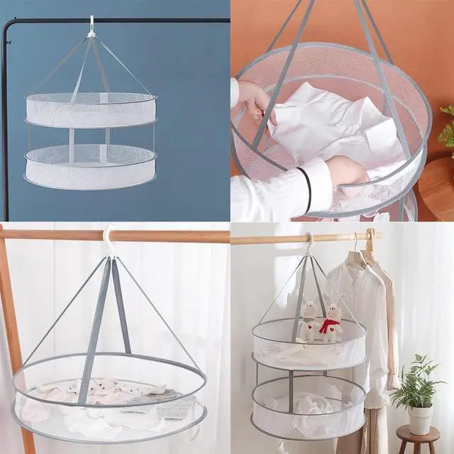Alt view image 2 of 7 - 2 Pack Drying Rack Clothing Collapsible Laundry Basket 23'' Folding Hanging Dry Net Mesh Dryer with Hook for Clothes Drying Household Lingerie Sweater Blouse Herb (1Tier+2Tier)