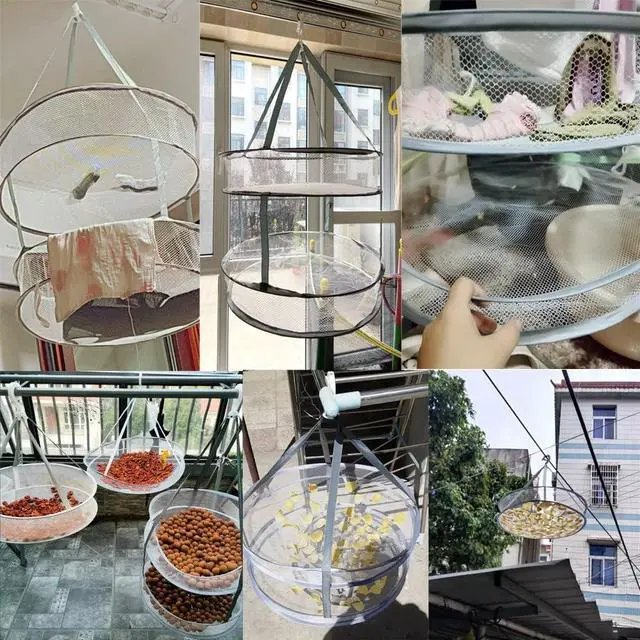 Alt view image 6 of 7 - 2 Pack Drying Rack Clothing Collapsible Laundry Basket 23'' Folding Hanging Dry Net Mesh Dryer with Hook for Clothes Drying Household Lingerie Sweater Blouse Herb (1Tier+2Tier)