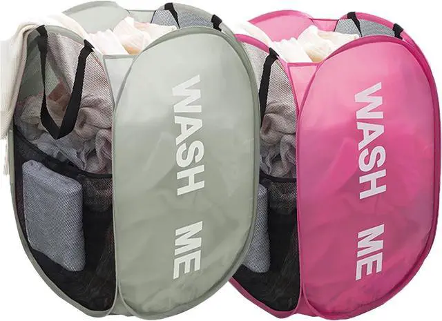 Main image of Larpur Pop Up Laundry Baskets, 2 Pack Mesh Laundry Hampers with Handles, Collapsible Clothes Hampers Mesh Basket for Home, Dorm, Travel (Gray + Pink)