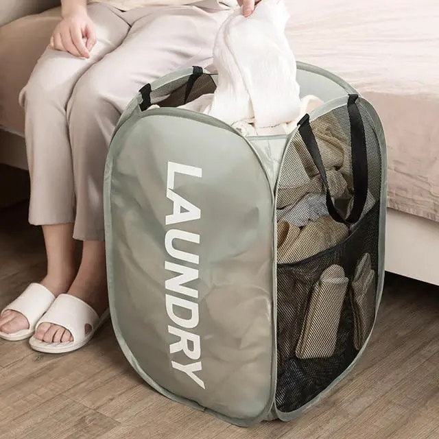 Alt view image 3 of 7 - Larpur Pop Up Laundry Baskets, 2 Pack Mesh Laundry Hampers with Handles, Collapsible Clothes Hampers Mesh Basket for Home, Dorm, Travel (Gray + Pink)