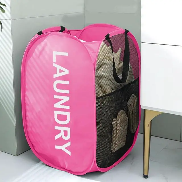 Alt view image 6 of 7 - Larpur Pop Up Laundry Baskets, 2 Pack Mesh Laundry Hampers with Handles, Collapsible Clothes Hampers Mesh Basket for Home, Dorm, Travel (Gray + Pink)