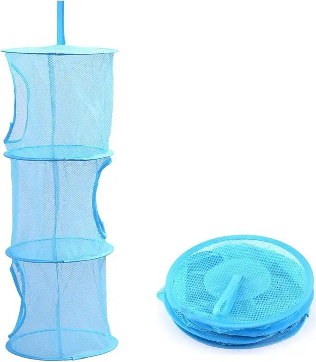 Main image of Mesh Hanging Storage Basket with 3 Tiers,Foldable Hanging Storage Organizer Net Bag for Toys,Space Saving Clothes Lingerie Bra Underwear Socks Hanging Mesh Drying Net Laundry Hamper (Blue)