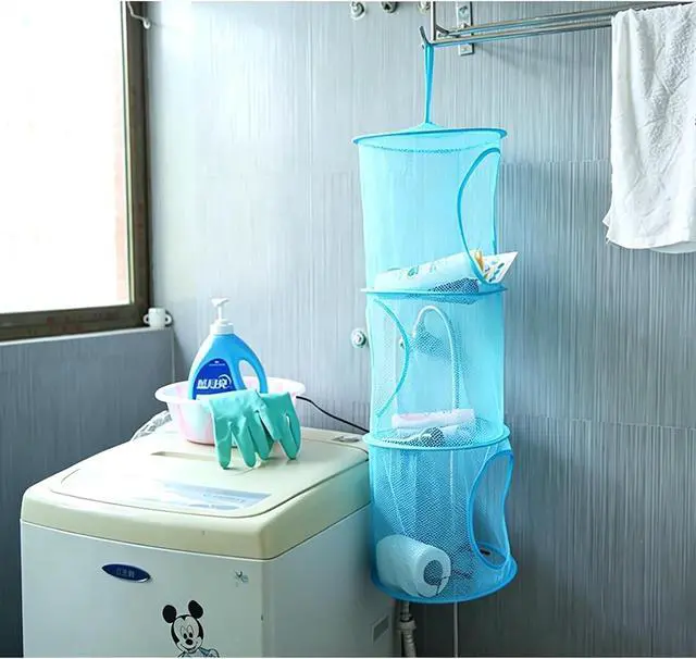 Alt view image 3 of 6 - Mesh Hanging Storage Basket with 3 Tiers,Foldable Hanging Storage Organizer Net Bag for Toys,Space Saving Clothes Lingerie Bra Underwear Socks Hanging Mesh Drying Net Laundry Hamper (Blue)