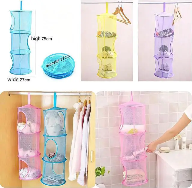 Alt view image 6 of 6 - Mesh Hanging Storage Basket with 3 Tiers,Foldable Hanging Storage Organizer Net Bag for Toys,Space Saving Clothes Lingerie Bra Underwear Socks Hanging Mesh Drying Net Laundry Hamper (Blue)