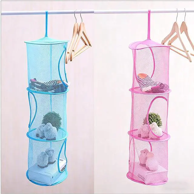 Alt view image 2 of 6 - Mesh Hanging Storage Basket with 3 Tiers,Foldable Hanging Storage Organizer Net Bag for Toys,Space Saving Clothes Lingerie Bra Underwear Socks Hanging Mesh Drying Net Laundry Hamper (Blue)