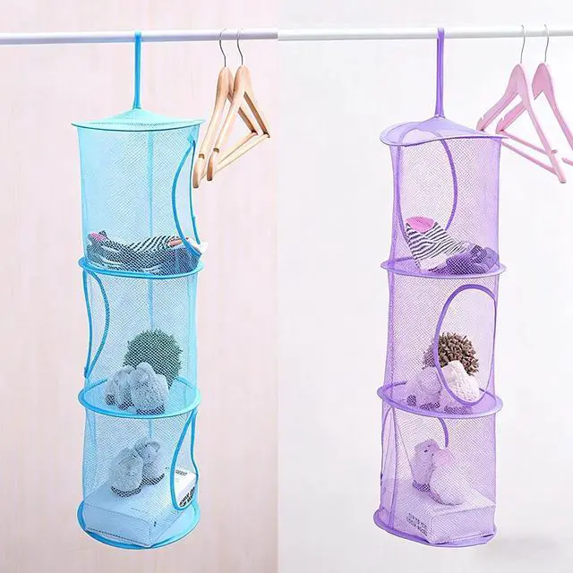 Alt view image 5 of 6 - Mesh Hanging Storage Basket with 3 Tiers,Foldable Hanging Storage Organizer Net Bag for Toys,Space Saving Clothes Lingerie Bra Underwear Socks Hanging Mesh Drying Net Laundry Hamper (Blue)