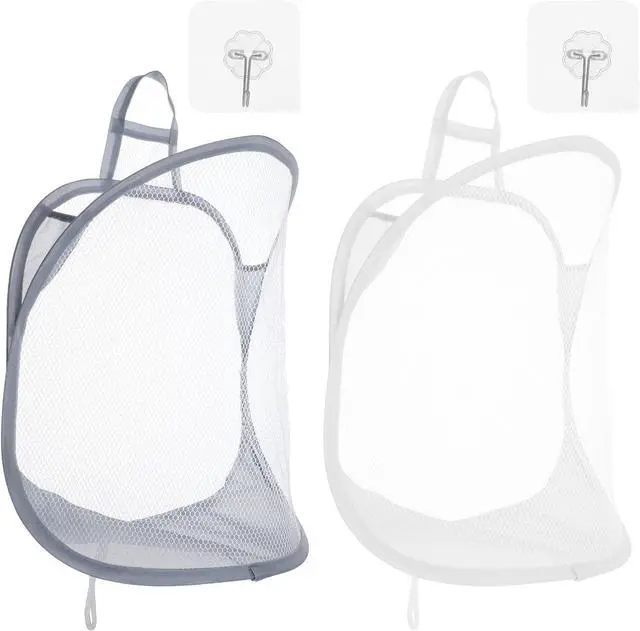 Main image of Ouligay 2Pcs Hanging Laundry Hamper Bag, Mesh Hanging Laundry Basket, Foldable Space-Saving Laundry Organizer, Grey & White, Polyester, Portable, Hangable