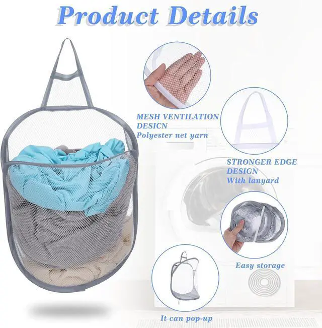 Alt view image 4 of 7 - Ouligay 2Pcs Hanging Laundry Hamper Bag, Mesh Hanging Laundry Basket, Foldable Space-Saving Laundry Organizer, Grey & White, Polyester, Portable, Hangable