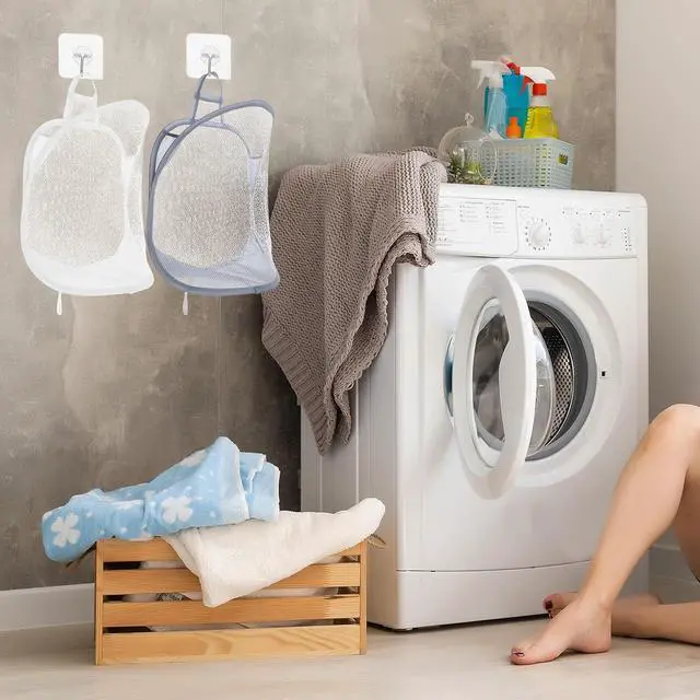 Alt view image 2 of 7 - Ouligay 2Pcs Hanging Laundry Hamper Bag, Mesh Hanging Laundry Basket, Foldable Space-Saving Laundry Organizer, Grey & White, Polyester, Portable, Hangable