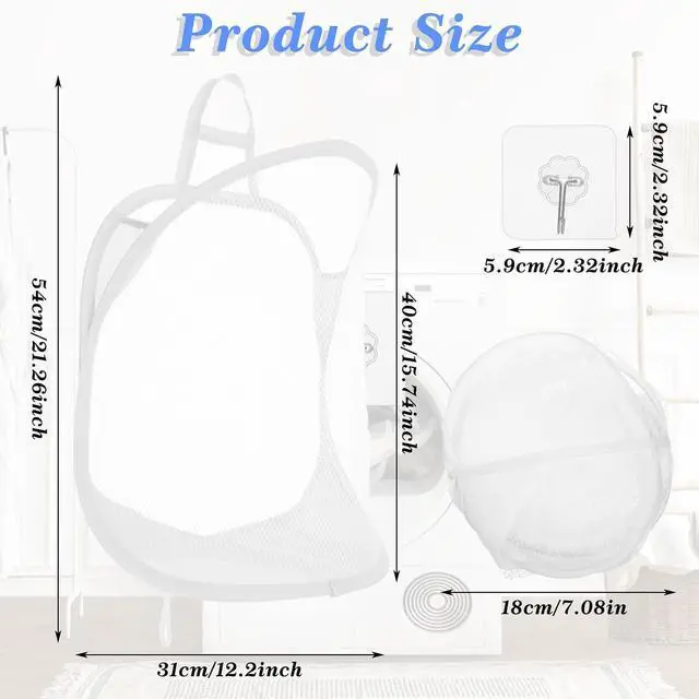 Alt view image 3 of 7 - Ouligay 2Pcs Hanging Laundry Hamper Bag, Mesh Hanging Laundry Basket, Foldable Space-Saving Laundry Organizer, Grey & White, Polyester, Portable, Hangable