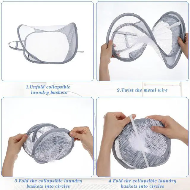 Alt view image 5 of 7 - Ouligay 2Pcs Hanging Laundry Hamper Bag, Mesh Hanging Laundry Basket, Foldable Space-Saving Laundry Organizer, Grey & White, Polyester, Portable, Hangable