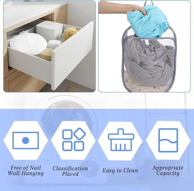 Alt view image 7 of 7 - Ouligay 2Pcs Hanging Laundry Hamper Bag, Mesh Hanging Laundry Basket, Foldable Space-Saving Laundry Organizer, Grey & White, Polyester, Portable, Hangable