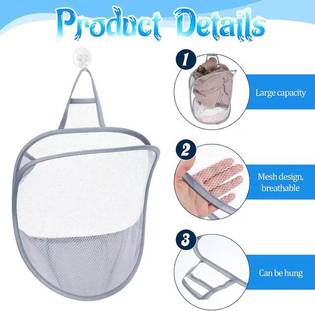 Alt view image 3 of 7 - 2 Pack Mesh Foldable Hanging Laundry Hamper, Small Wall Laundry Baskets Space-Saving Wall Hamper Portable Dirty Clothes Organizer for Home, Dorms, Hotels, RVs Grey White