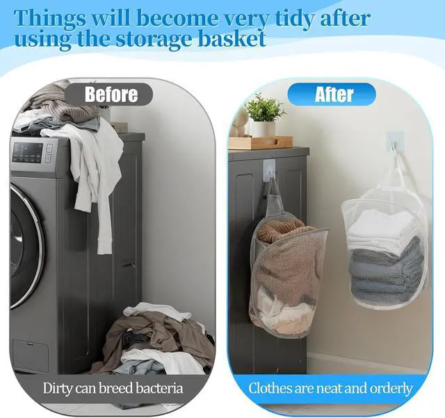 Alt view image 5 of 7 - 2 Pack Mesh Foldable Hanging Laundry Hamper, Small Wall Laundry Baskets Space-Saving Wall Hamper Portable Dirty Clothes Organizer for Home, Dorms, Hotels, RVs Grey White