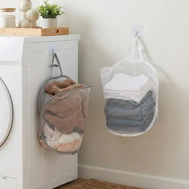Alt view image 6 of 7 - 2 Pack Mesh Foldable Hanging Laundry Hamper, Small Wall Laundry Baskets Space-Saving Wall Hamper Portable Dirty Clothes Organizer for Home, Dorms, Hotels, RVs Grey White