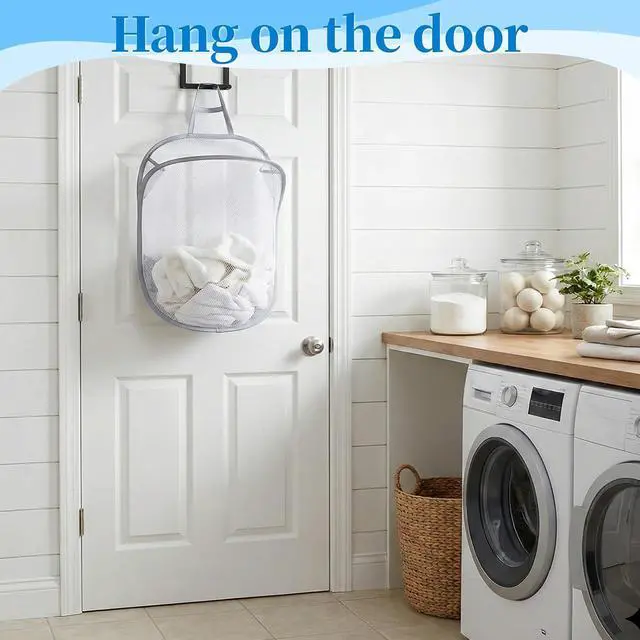Alt view image 7 of 7 - 2 Pack Mesh Foldable Hanging Laundry Hamper, Small Wall Laundry Baskets Space-Saving Wall Hamper Portable Dirty Clothes Organizer for Home, Dorms, Hotels, RVs Grey White