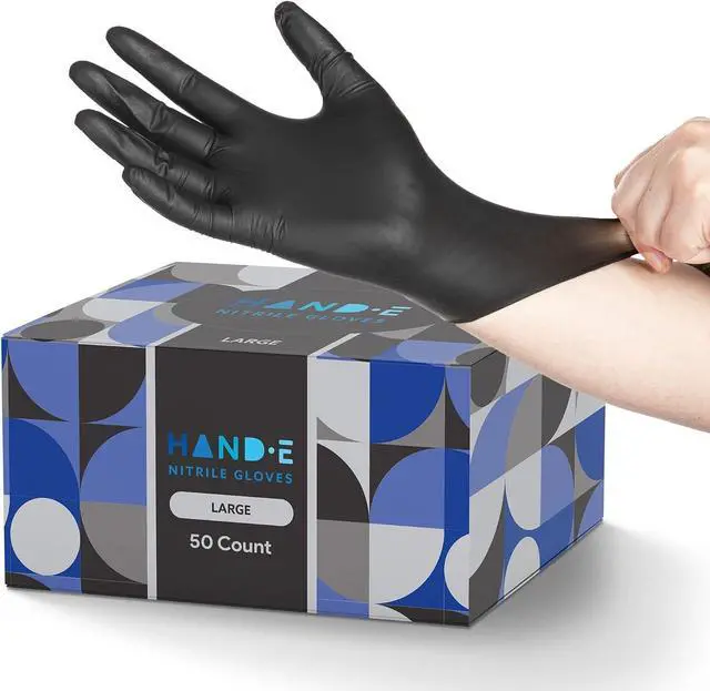 Main image of Hand-E Touch Black Nitrile Disposable Gloves Large, 50 Count - BBQ, Tattoo, Hair Dye, Cooking, Mechanic Gloves - Powder and Latex Free - Tattoo Supplies