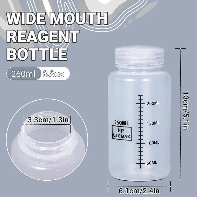 Alt view image 2 of 6 - 8.8oz/260ml Wide Mouth Plastic Bottles with Airtight Lids, Graduated Food Grade Leak Proof PP Containers Jars for Water Sample Lab Reagent Liquid Medicine Storage (Transparent, 2 Pcs)