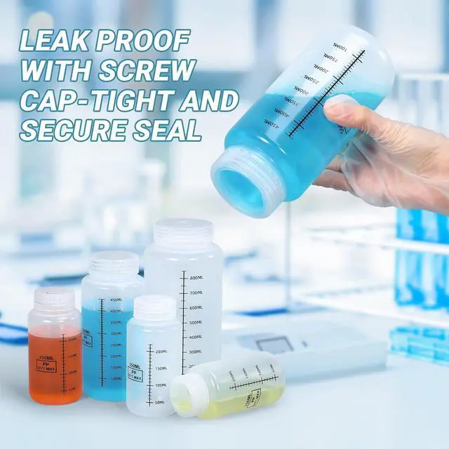 Alt view image 4 of 6 - 8.8oz/260ml Wide Mouth Plastic Bottles with Airtight Lids, Graduated Food Grade Leak Proof PP Containers Jars for Water Sample Lab Reagent Liquid Medicine Storage (Transparent, 2 Pcs)