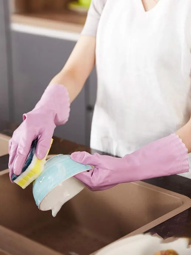 Alt view image 5 of 6 - LANON wahoo Cleaning Gloves with Cotton Flocked Liner, Mauve Mist, Medium