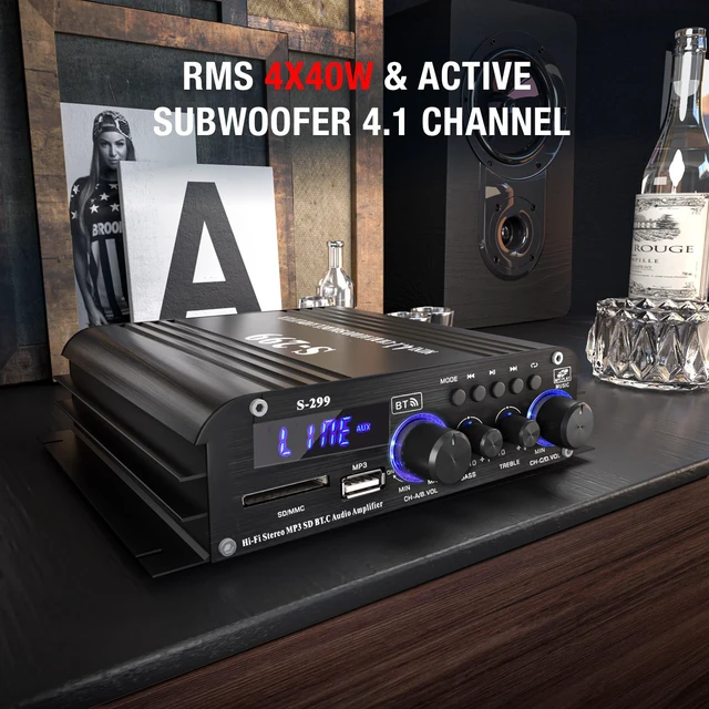 Alt view image 3 of 7 - 4 Channel Bluetooth 5.0 Amplifier with Active Subwoofer Output RMS 40Wx4, Max 800W Home Audio Receiver USB/SD/AUX Inputs Mini Power Amp for Outdoor Speakers, Garage, Patio & Home Audio