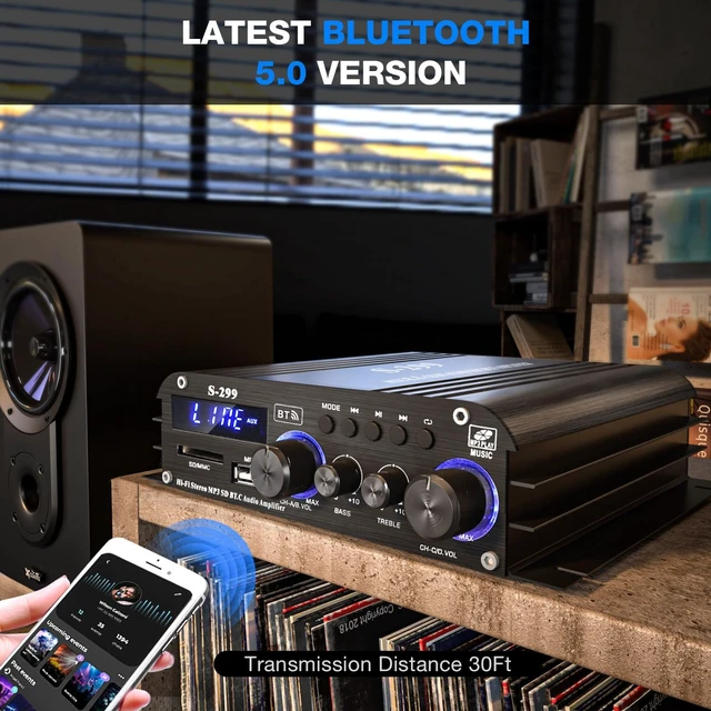 Alt view image 4 of 7 - 4 Channel Bluetooth 5.0 Amplifier with Active Subwoofer Output RMS 40Wx4, Max 800W Home Audio Receiver USB/SD/AUX Inputs Mini Power Amp for Outdoor Speakers, Garage, Patio & Home Audio