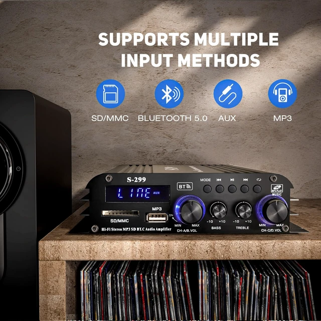 Alt view image 5 of 7 - 4 Channel Bluetooth 5.0 Amplifier with Active Subwoofer Output RMS 40Wx4, Max 800W Home Audio Receiver USB/SD/AUX Inputs Mini Power Amp for Outdoor Speakers, Garage, Patio & Home Audio