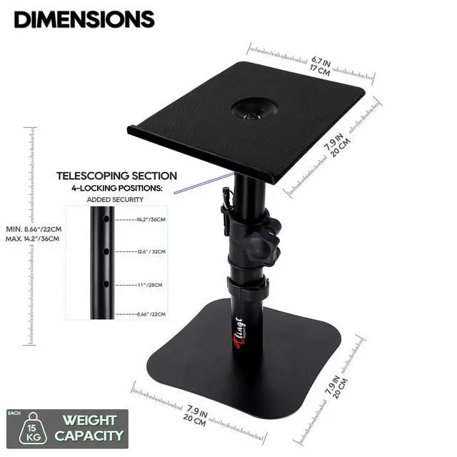 Alt view image 2 of 7 - Tlingt Desktop Speaker Stands Pair, Sturdy Flat Base, Height & Tilt Adjusts | Heavy-duty 6.7"x7.9" Metal Tray, -10° to +10° Tilt Angle, Metal Flat Base, Perfect for 3"-4" Monitor & Bookshelf Speakers
