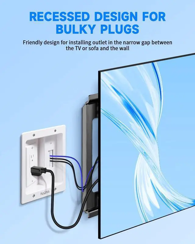 Alt view image 4 of 7 - Recessed Outlet Box for Wall Mount TV, Behind TV Outlet Box with Dual Power Receptacle, in Wall Cable Management Kit, TV Cord Hider for Home Office, White