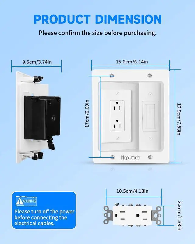 Alt view image 5 of 7 - Recessed Outlet Box for Wall Mount TV, Behind TV Outlet Box with Dual Power Receptacle, in Wall Cable Management Kit, TV Cord Hider for Home Office, White