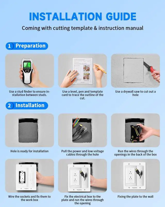 Alt view image 7 of 7 - Recessed Outlet Box for Wall Mount TV, Behind TV Outlet Box with Dual Power Receptacle, in Wall Cable Management Kit, TV Cord Hider for Home Office, White