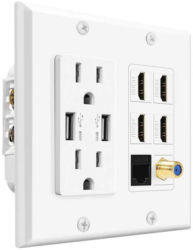 Main image of TNP HDMI Wall Outlet, 4 HDMI Media Plate with Cat6, Coax, USB, White | White 2-Gang Media Outlet Wall Plate with Two 15A Power Outlets, Two Usb-A Ports, 4 Hdmi Ports, Cat6 and Coax
