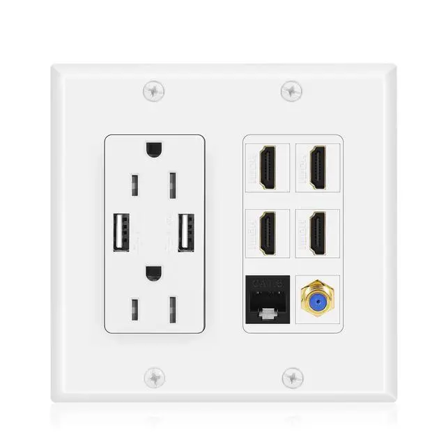 Alt view image 2 of 7 - TNP HDMI Wall Outlet, 4 HDMI Media Plate with Cat6, Coax, USB, White | White 2-Gang Media Outlet Wall Plate with Two 15A Power Outlets, Two Usb-A Ports, 4 Hdmi Ports, Cat6 and Coax