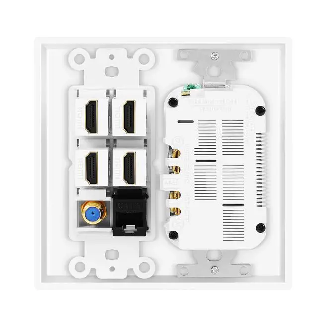 Alt view image 3 of 7 - TNP HDMI Wall Outlet, 4 HDMI Media Plate with Cat6, Coax, USB, White | White 2-Gang Media Outlet Wall Plate with Two 15A Power Outlets, Two Usb-A Ports, 4 Hdmi Ports, Cat6 and Coax