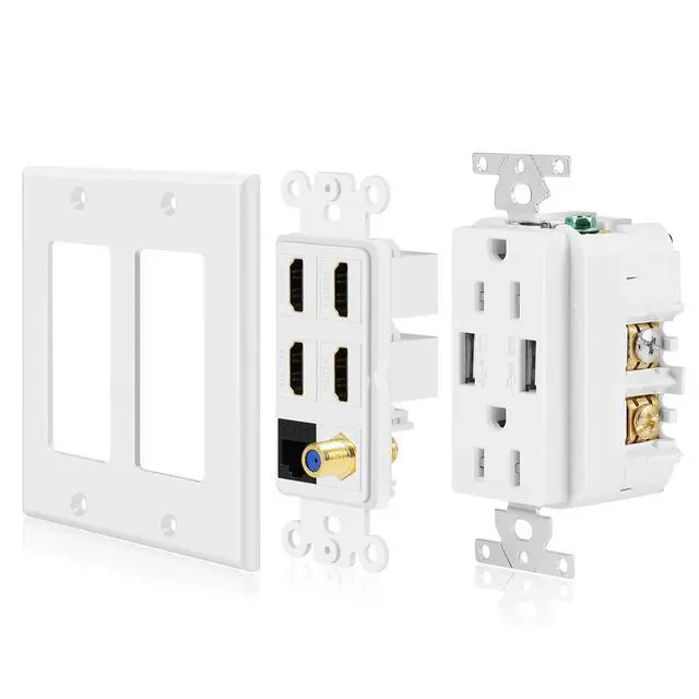 Alt view image 5 of 7 - TNP HDMI Wall Outlet, 4 HDMI Media Plate with Cat6, Coax, USB, White | White 2-Gang Media Outlet Wall Plate with Two 15A Power Outlets, Two Usb-A Ports, 4 Hdmi Ports, Cat6 and Coax