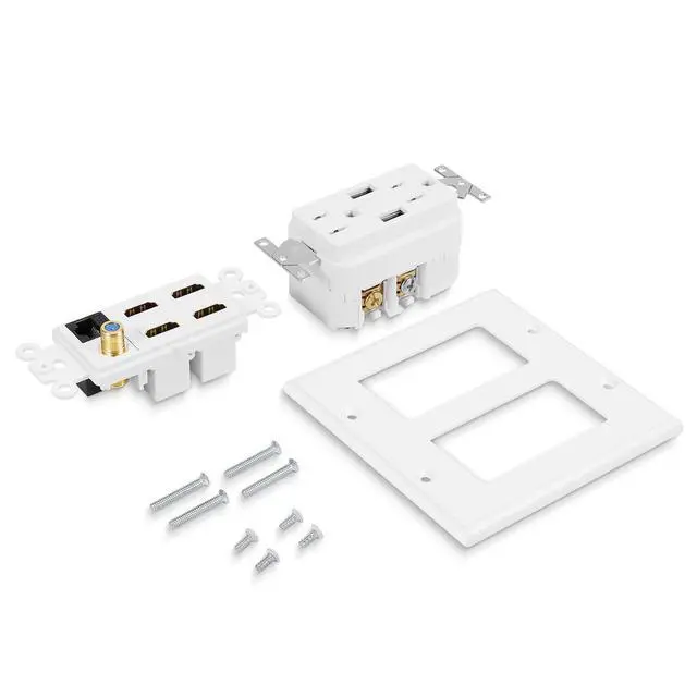 Alt view image 7 of 7 - TNP HDMI Wall Outlet, 4 HDMI Media Plate with Cat6, Coax, USB, White | White 2-Gang Media Outlet Wall Plate with Two 15A Power Outlets, Two Usb-A Ports, 4 Hdmi Ports, Cat6 and Coax