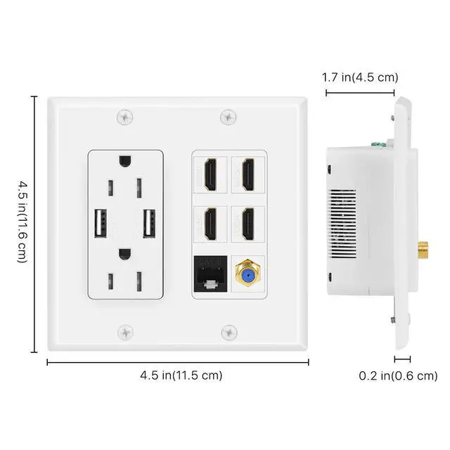 Alt view image 6 of 7 - TNP HDMI Wall Outlet, 4 HDMI Media Plate with Cat6, Coax, USB, White | White 2-Gang Media Outlet Wall Plate with Two 15A Power Outlets, Two Usb-A Ports, 4 Hdmi Ports, Cat6 and Coax