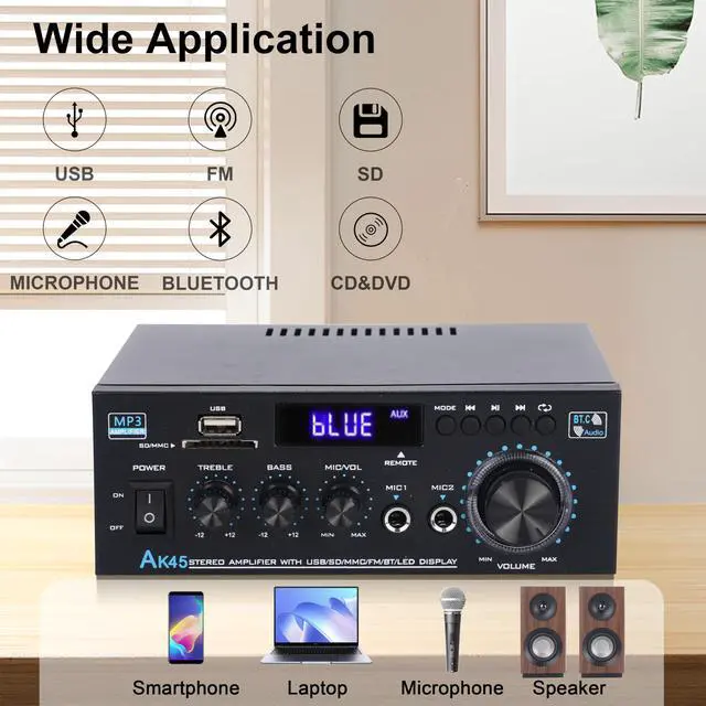Alt view image 2 of 6 - Stereo Audio Amplifier Upgraded AK45 Pro Bluetooth Receiver for Home Stereo, 400W 2 Channel Wireless Bluetooth 5.0 Power Amplifier System with FM Radio, USB, SD Card, and Remote Control
