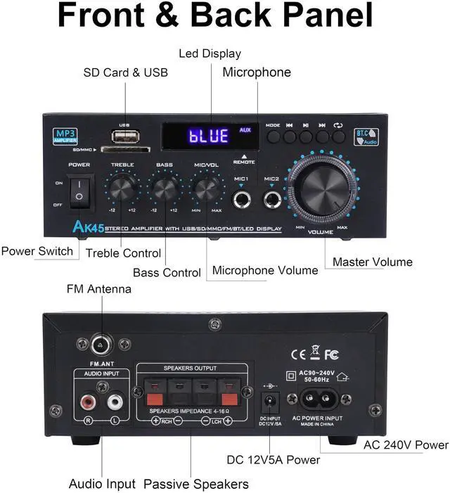 Alt view image 5 of 6 - Stereo Audio Amplifier Upgraded AK45 Pro Bluetooth Receiver for Home Stereo, 400W 2 Channel Wireless Bluetooth 5.0 Power Amplifier System with FM Radio, USB, SD Card, and Remote Control