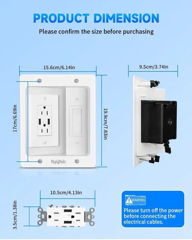 Alt view image 4 of 7 - in Wall Cable Management Kit for TV, Recessed Outlet with USB, TV Cable Hider Wall Kit, Wall Cable Management for Low Voltage, TV Cord Hider for Wall Mounted TV, White