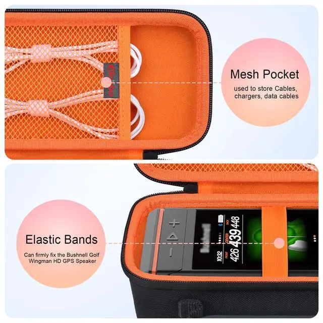 Alt view image 3 of 7 - Carrying Case for Bushnell Golf Wingman HD GPS Speaker | Bushnell Golf Wingman HD GPS Speaker Hard Travel Protective Bag Storage Holder, Mesh Pocket Fits Charging Adapter, Orange