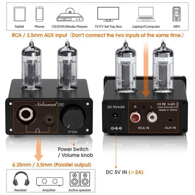 Alt view image 7 of 7 - P32 Tube Headphone Amplifier: 1000mW HiFi Desktop Preamp for 24600 Headphones & Home Amps Speakers, 3.5mm/6.35mm Jacks, Swappable Tube & Op-Amp