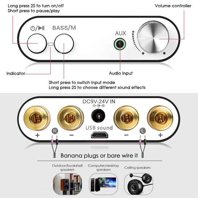 Alt view image 7 of 7 - NS-10G Bluetooth 5.0 2 Channel Power Amplifier HiFi Stereo Audio Mini Amp Wireless Receiver 50Wx2 for Home Speaker with USB & Bass Sound Effect (Black)
