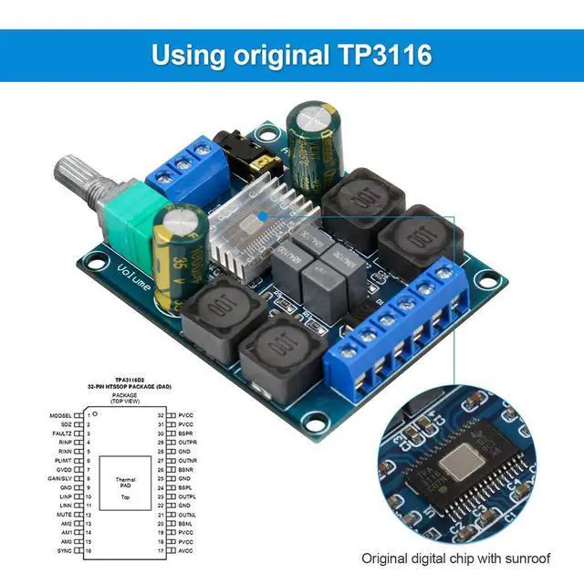 Alt view image 3 of 7 - TPA3116D2 Stereo Amplifier Boards, 2-Pack, 2 x 50W | Dual-channel digital amp modules for 5-24V DIY speakers, home audio and compact electronic amplification projects